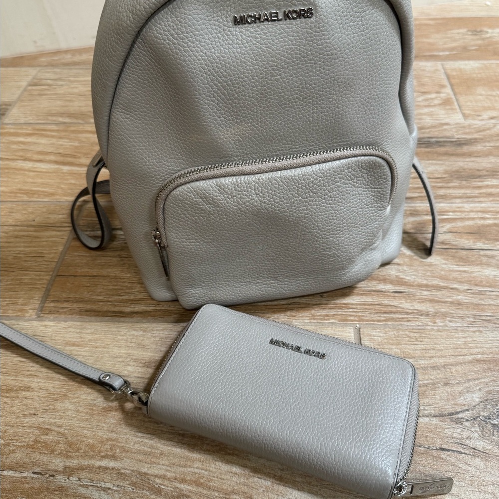 Michael Kors Light Gray Backpack and Wallet